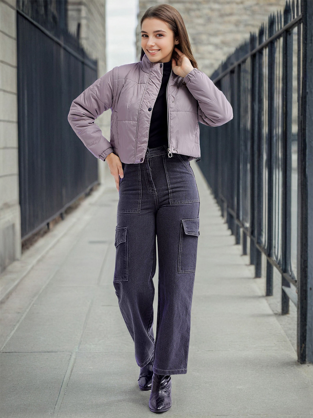 Freehand by The Indian Garage Co Stand Collar Lightweight Crop Puffer Jacket