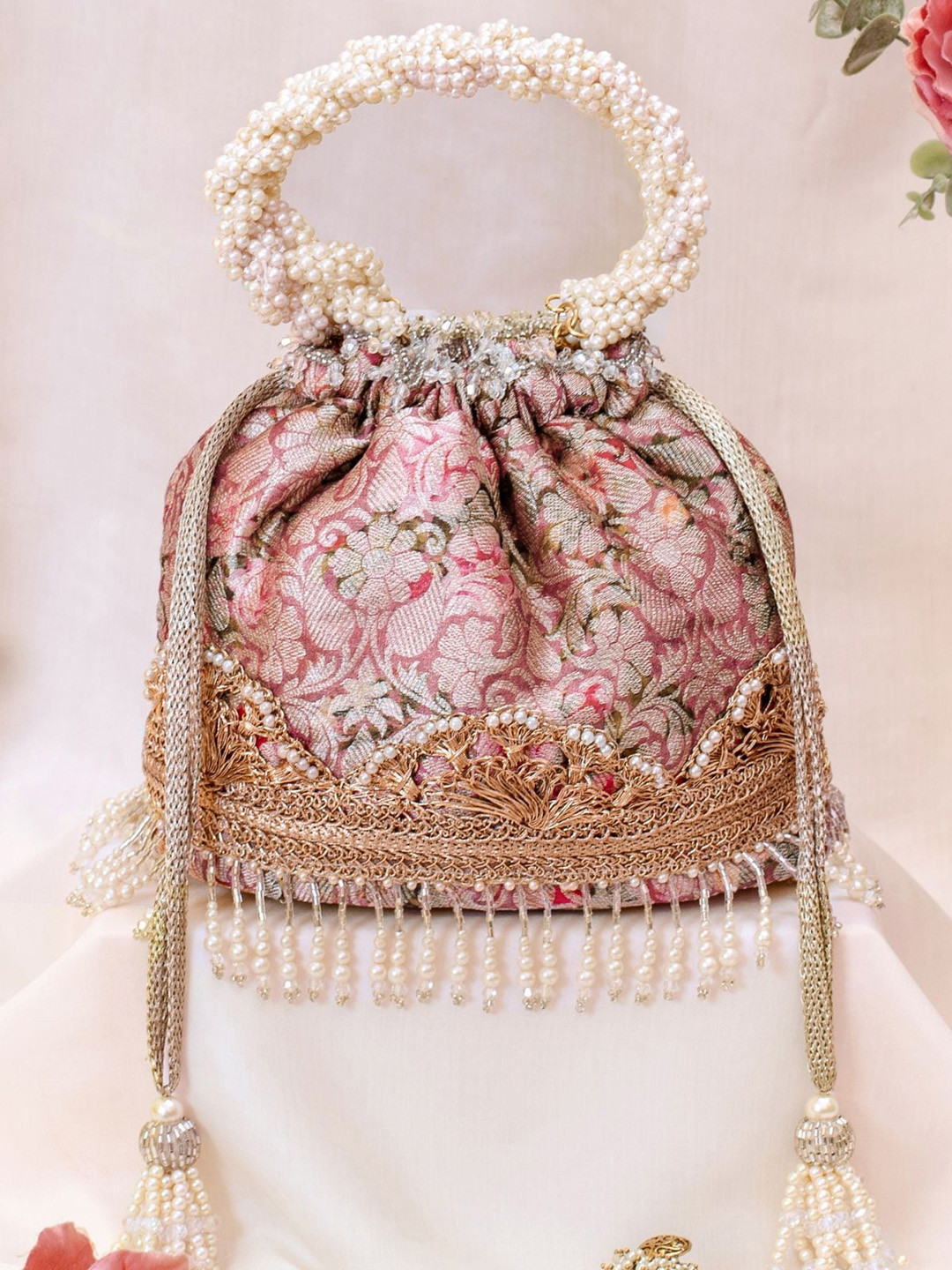 AMYRA Floral Woven Design Embellished Fabric Potli