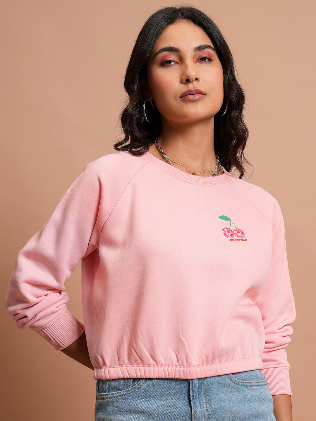 Tokyo Talkies Pink Graphic Printed Cropped Pullover Sweatshirt
