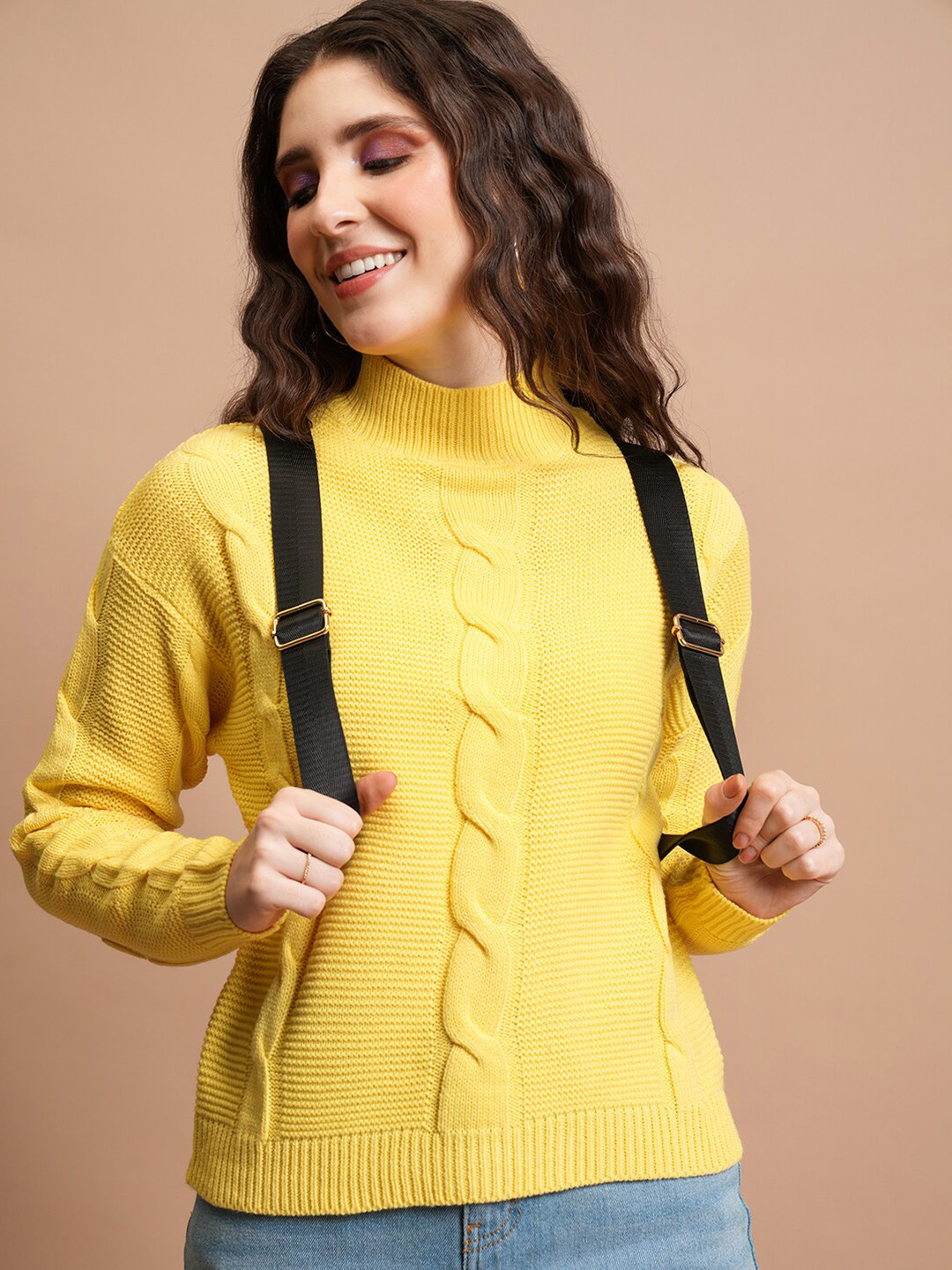 Tokyo Talkies Yellow Self Design High Neck Pullover Sweater