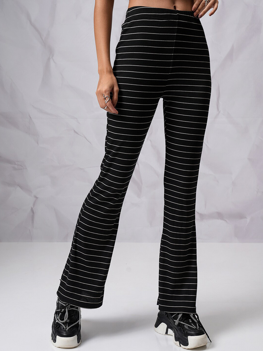 Tokyo Talkies Women Black & White Striped Flared High Rise Bootcut Trousers