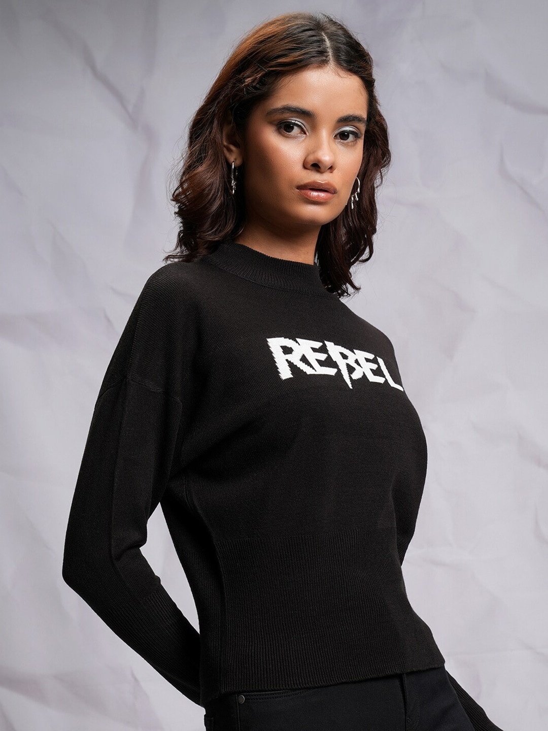 Tokyo Talkies Black Printed Turtle Neck Acrylic Pullover Sweater