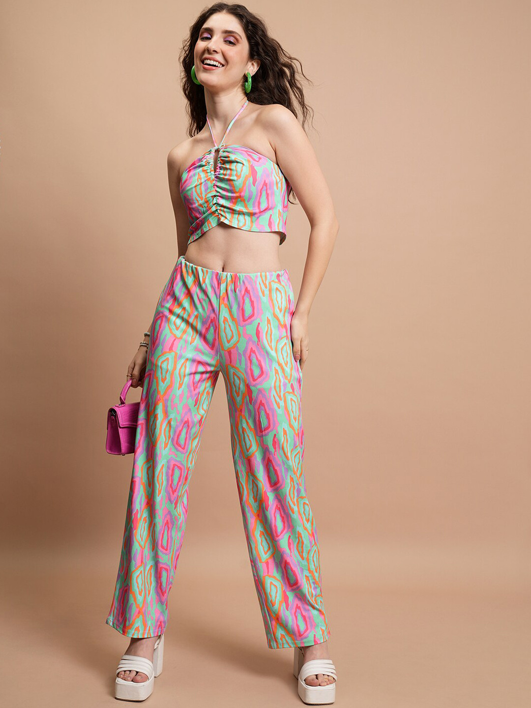 Tokyo Talkies Abstract Printed Ruched Halter Top & Wide Leg Trousers