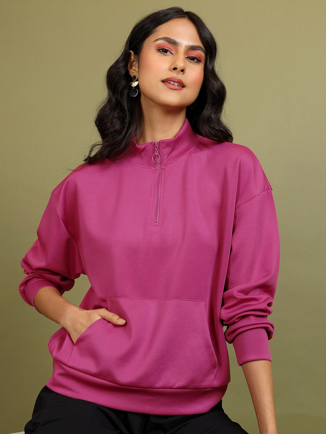 Tokyo Talkies Pink Stand Collar Drop-Shoulder Sleeves Relaxed Sweatshirt