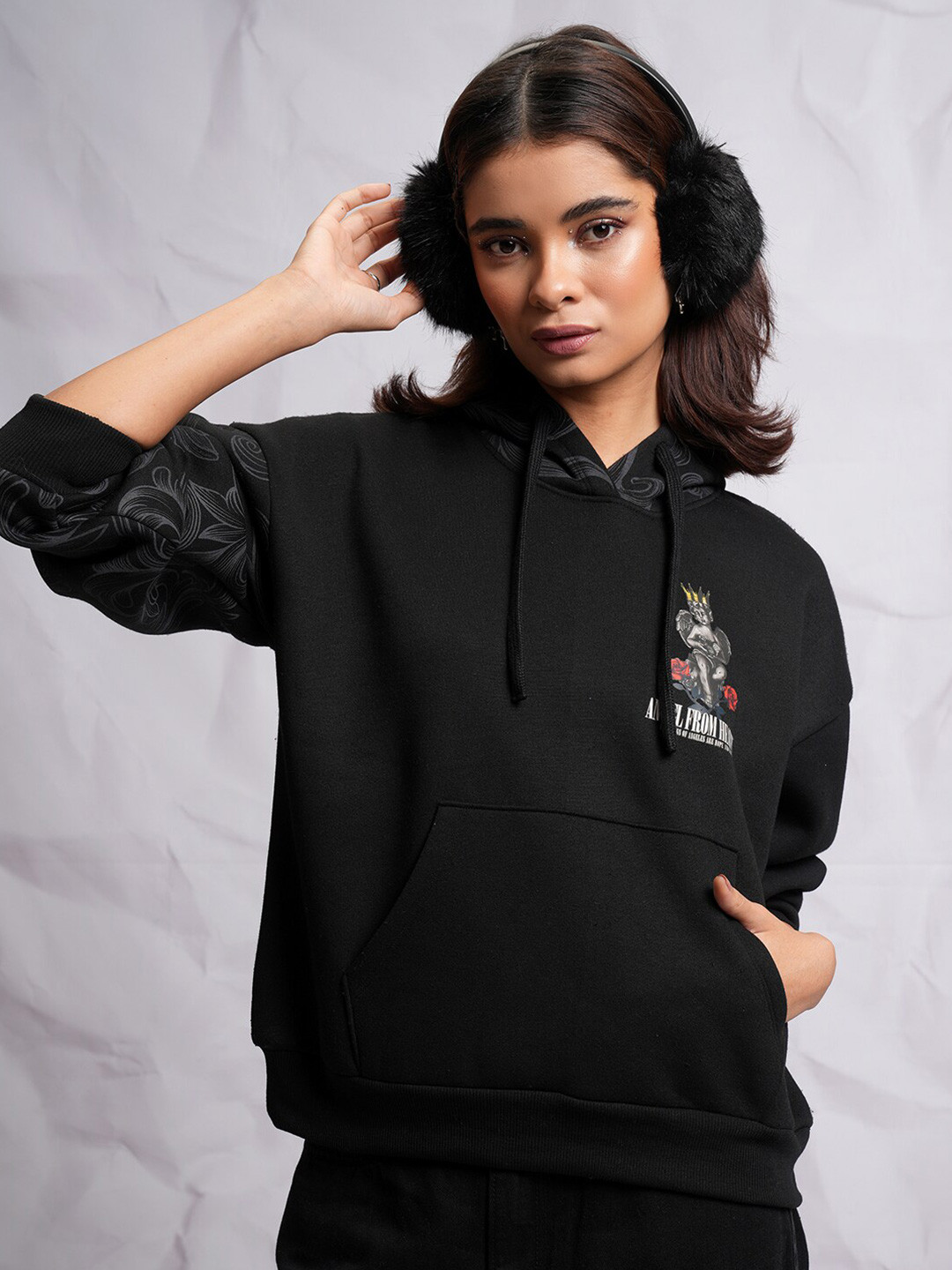 Tokyo Talkies Black Graphic Printed Hooded Oversized Pullover Sweatshirt