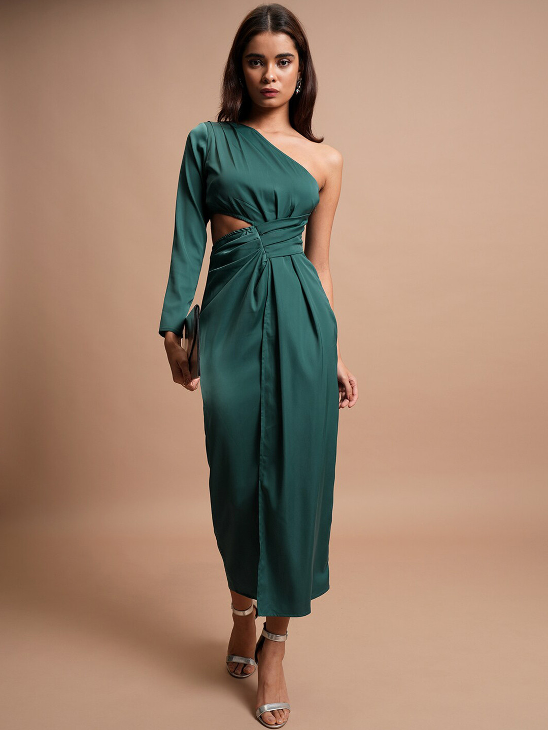 Tokyo Talkies Green One Shoulder A-Line Midi Dress