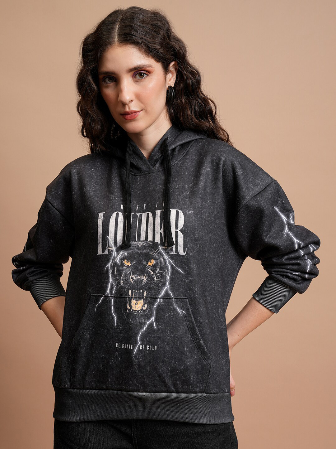 Tokyo Talkies Charcoal Graphic Printed Gothic Hooded Oversized Pullover Sweatshirt