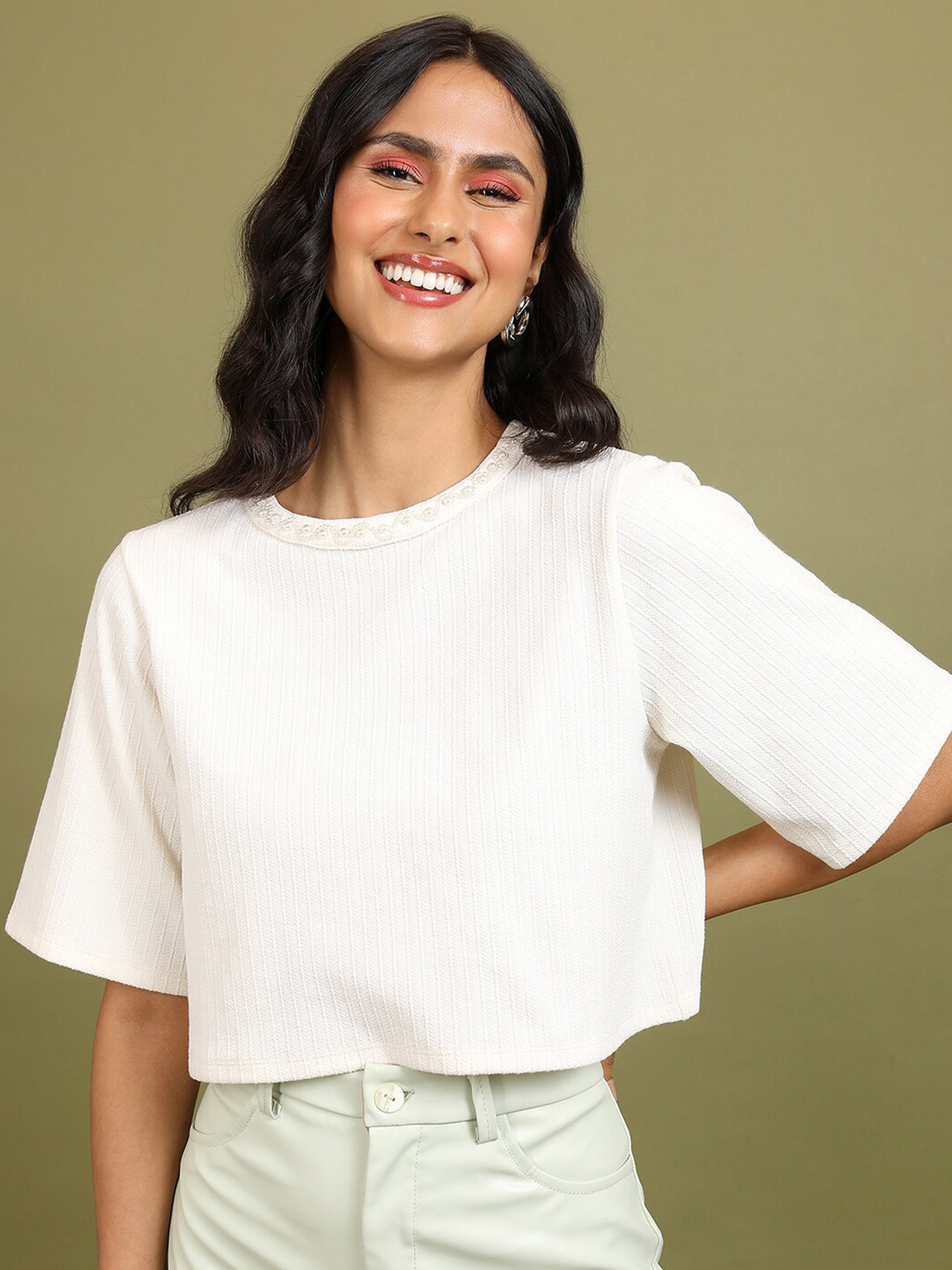 Tokyo Talkies White Self Designed Embellished Crop Top