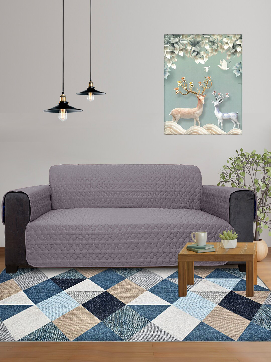 DREAM CARE 2 Pieces Blue & Grey 3 Layer Reversible 3-Seater Sofa Cover With Side Pockets