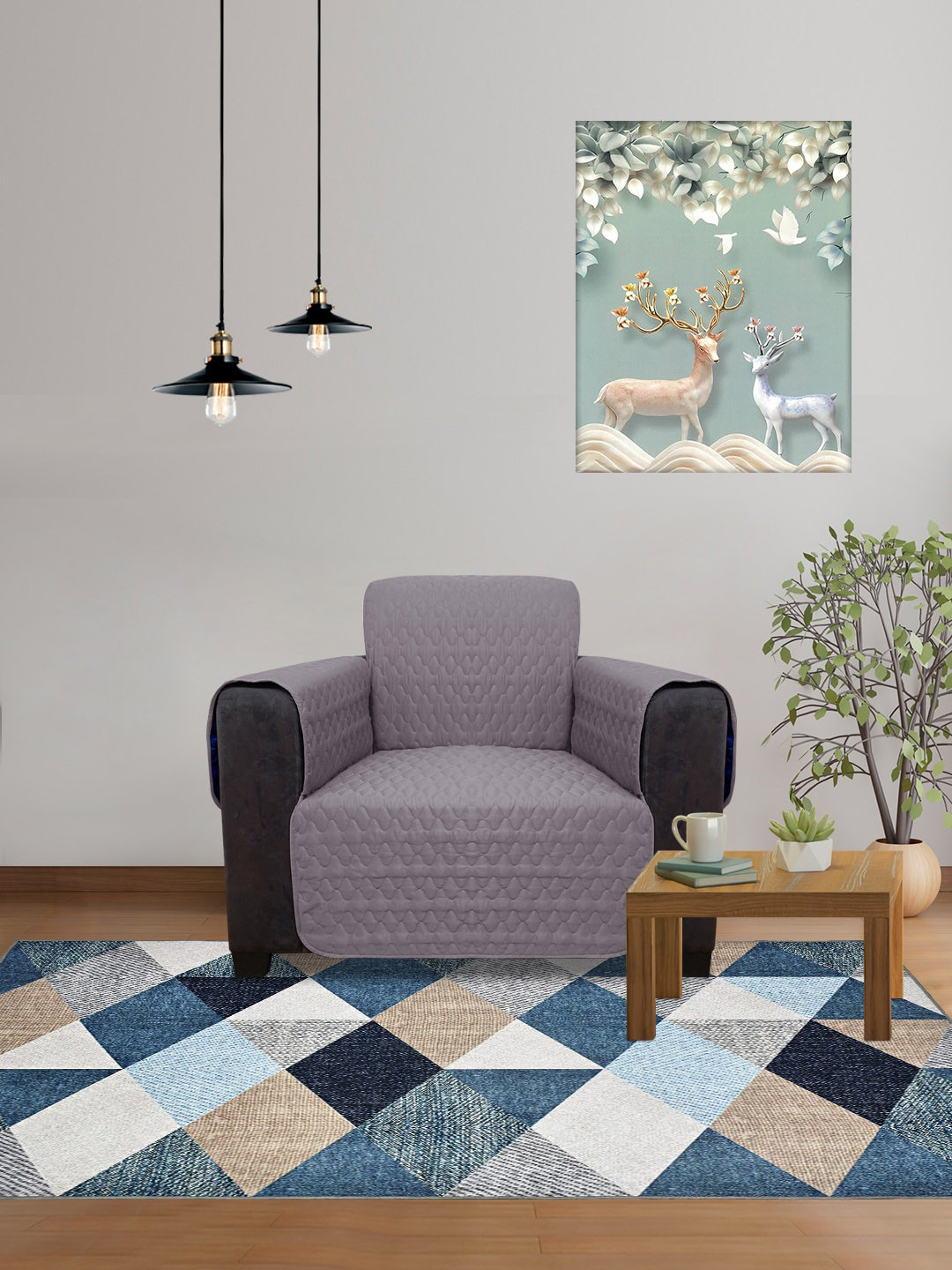 DREAM CARE Blue & Grey 3 Layer Reversible 1 Seater Sofa Cover With Side Pockets