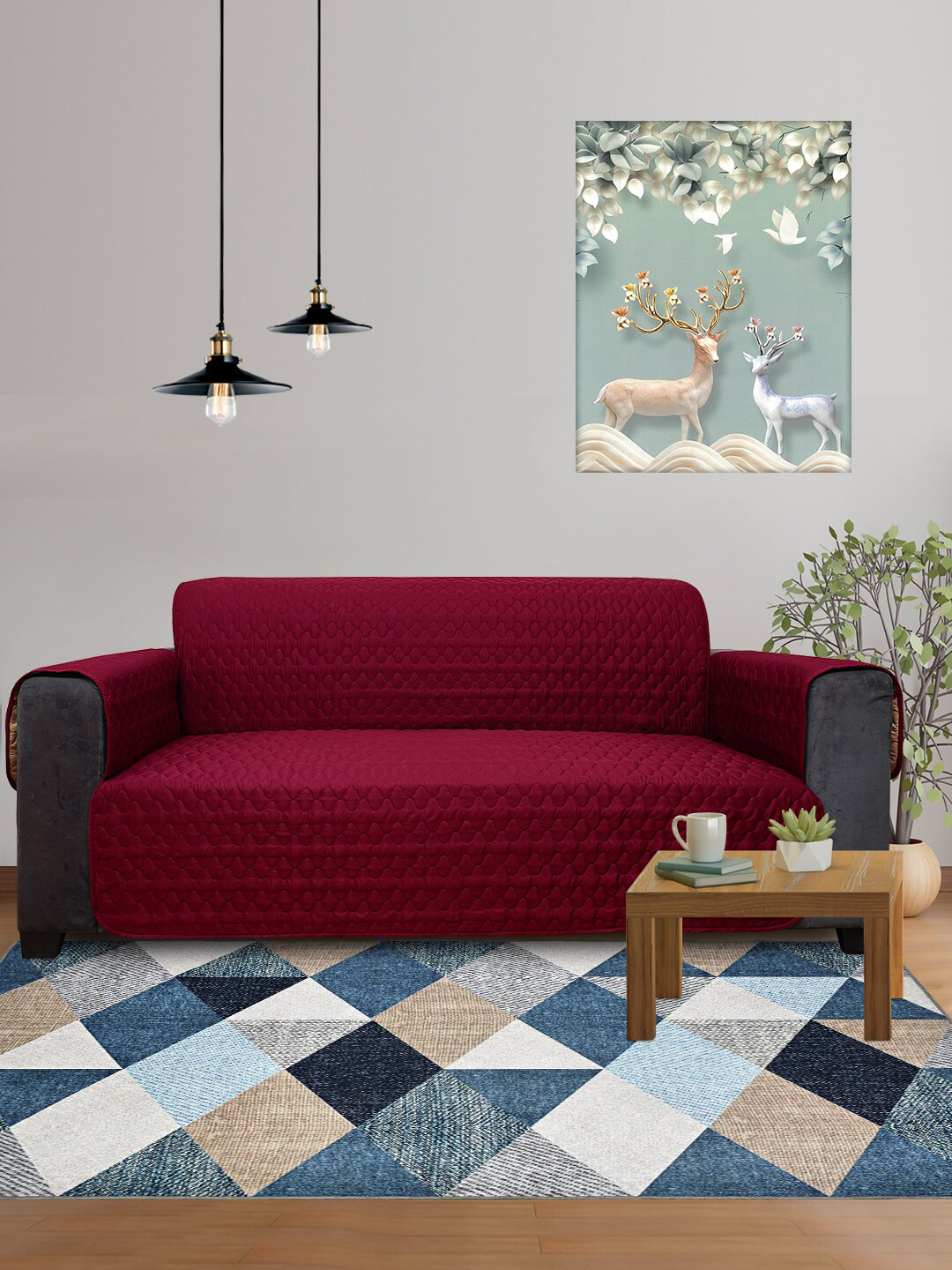 DREAM CARE Maroon & Beige 3 Layer Reversible 3 Seater Sofa Cover With Side Pockets