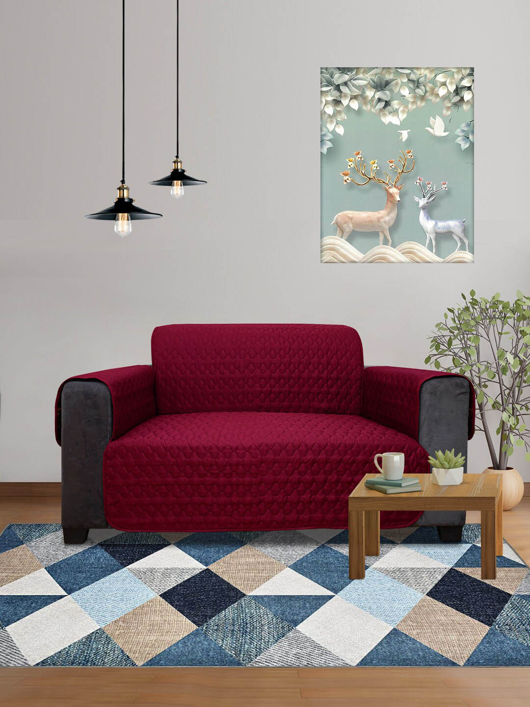 DREAM CARE Maroon & Brown 2 Pieces 3Layer Reversible 2 Seater Sofa Cover With Side Pockets