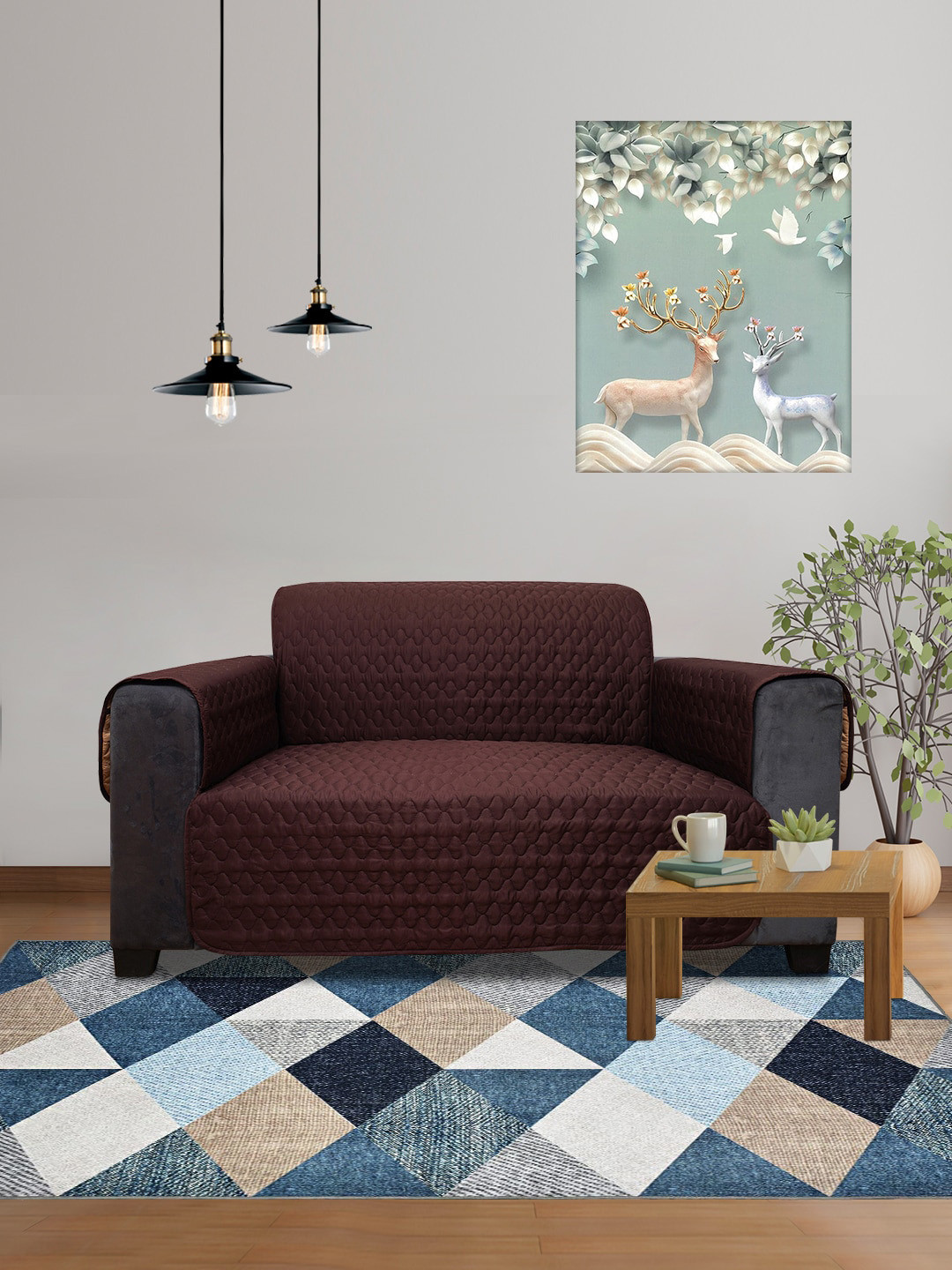 DREAM CARE Beige & Brown 2 Pieces 3Layer Reversible 2 Seater Sofa Cover With Side Pockets