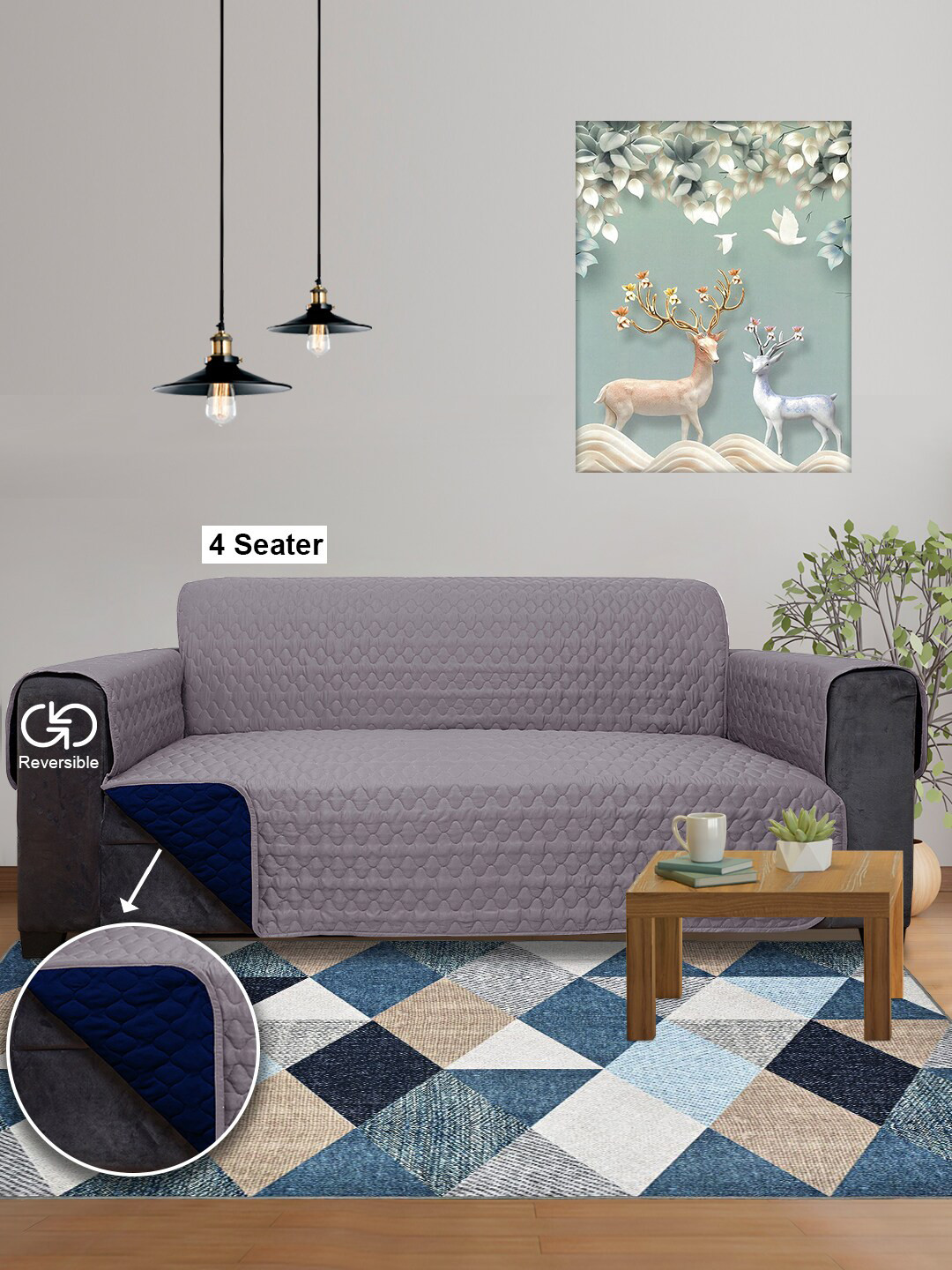 DREAM CARE Blue & Grey 2 Pieces 3Layer Reversible 4 Seater Sofa Cover With Side Pockets