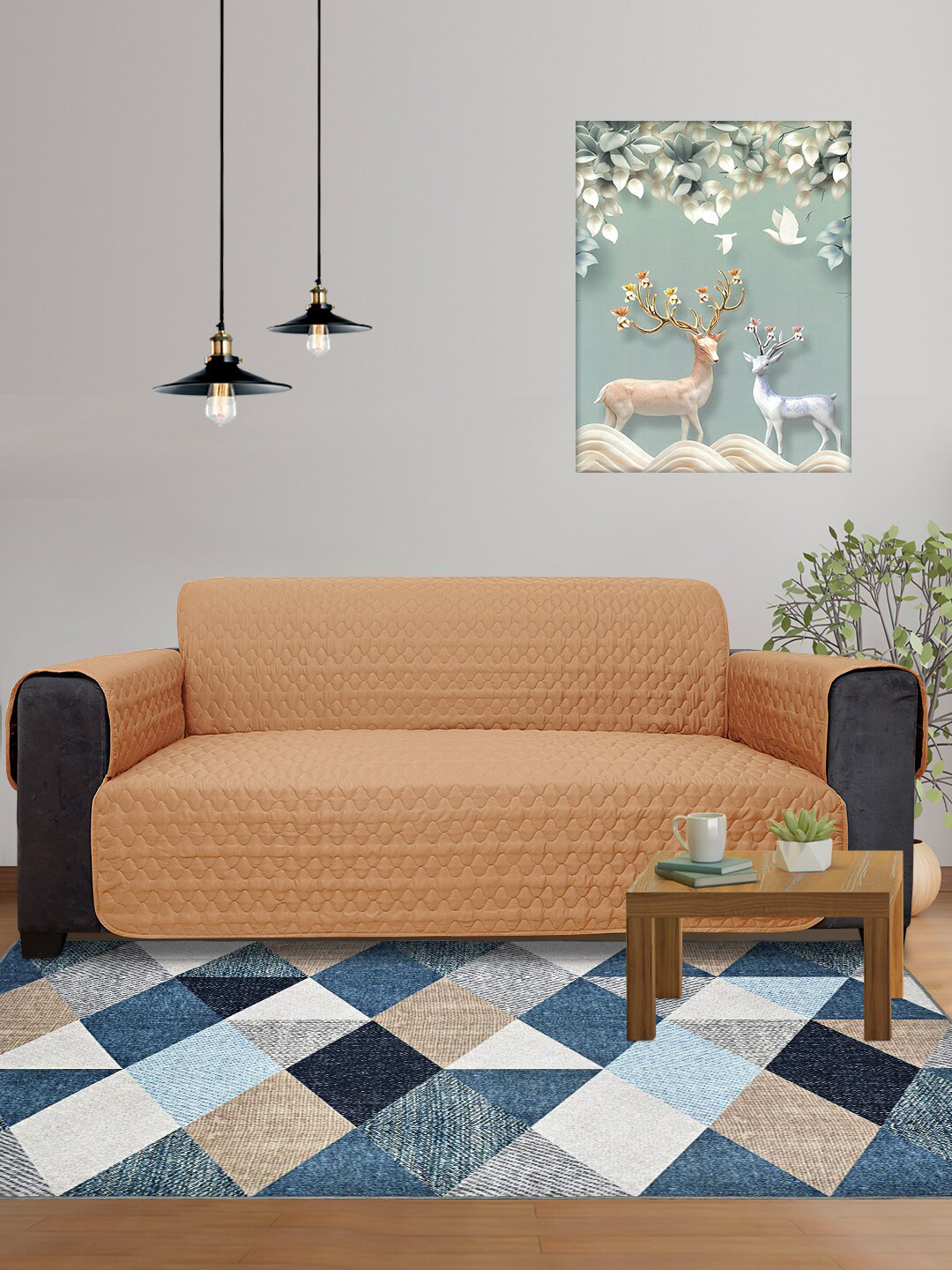 DREAM CARE Beige 2 Pieces 3Layer Reversible 4 Seater Sofa Cover With Arms Side Pockets