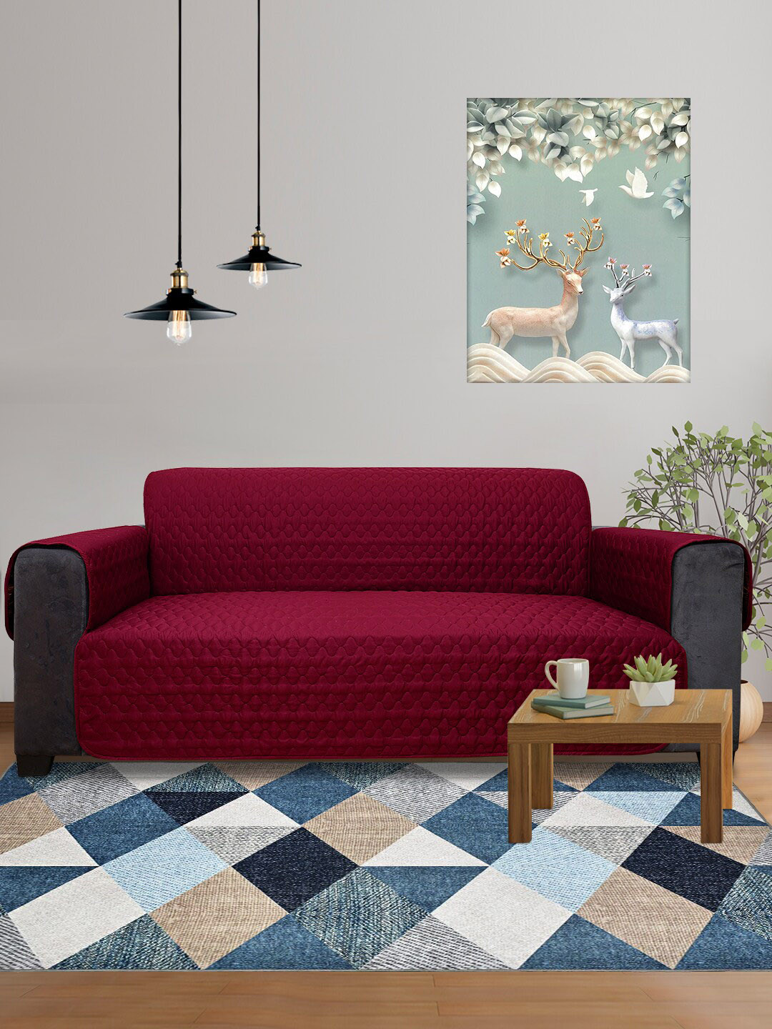 DREAM CARE Maroon & Brown 2Pcs 3Layer Reversible 4 Seater Sofa Cover With Side Pockets