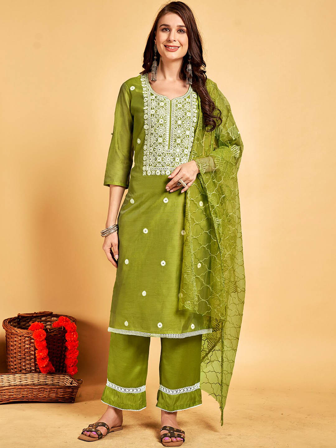 Anouk Olive Green Ethnic Motifs Embroidered Chanderi Silk Kurta With Palazzo & Dupatta