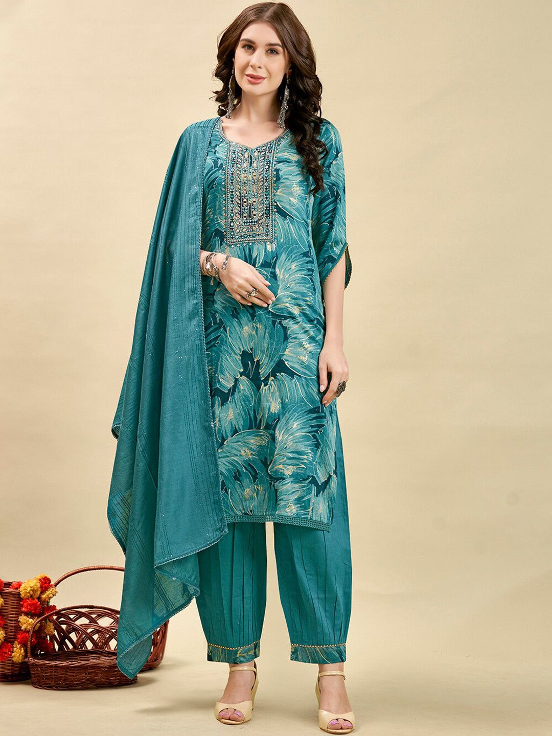 Anouk Teal Floral Embroidered Regular Mirror Work Kurta With Harem Pants & Dupatta