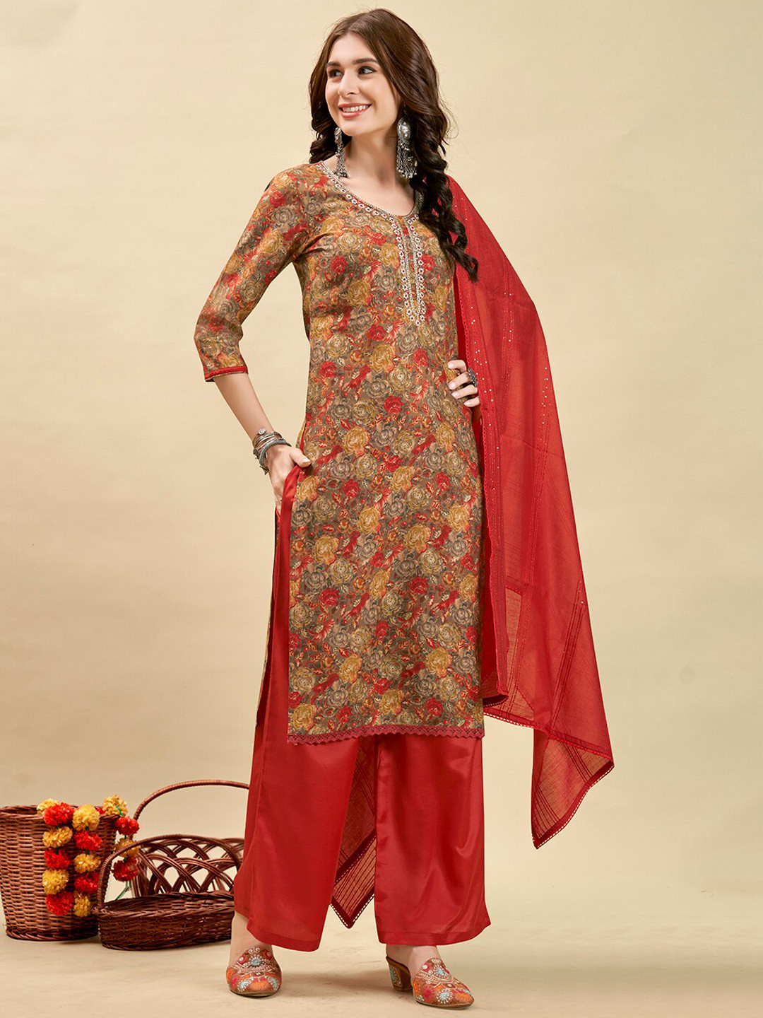 Anouk Rust & Red Floral Printed Beads & Stones Kurta with Palazzos & Dupatta