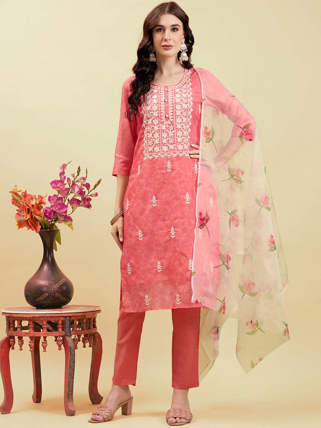 Anouk Pink Floral Embroidered Chanderi Silk Kurta with Trousers & Dupatta