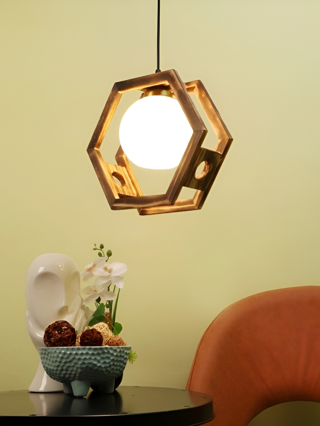 ELIANTE Brown Textured Spherical Shaped Wooden Ceiling Lamp With Adjustable Cord