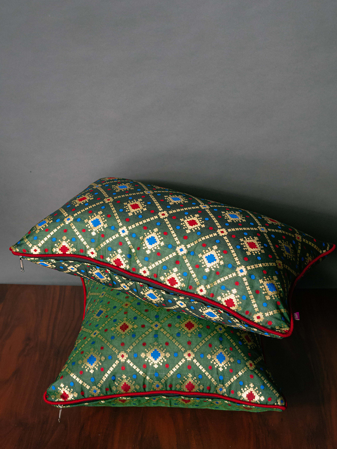 RoyalDeco Green & Gold Brocade & Zari Geometric Rectangle Cushion Covers