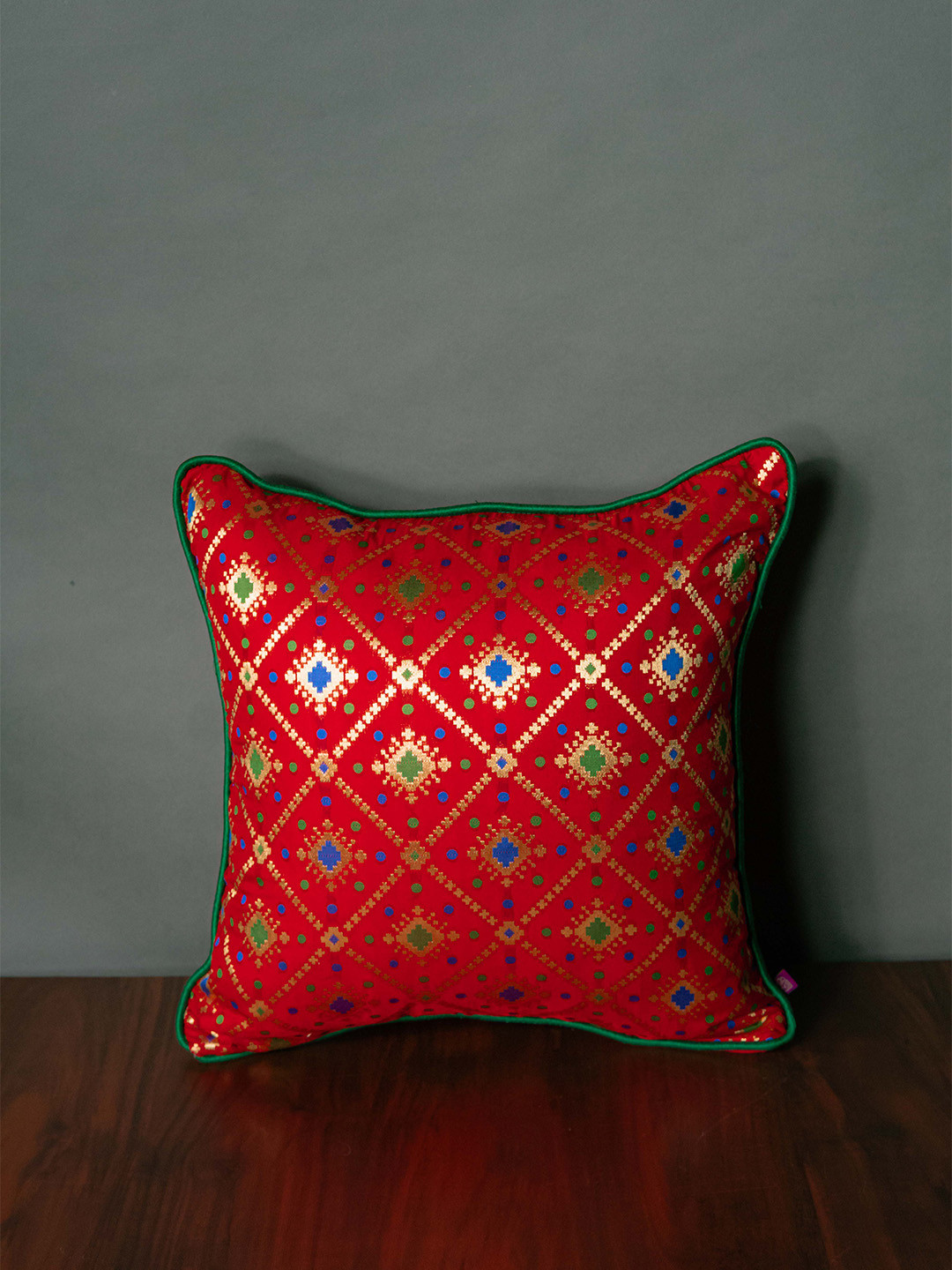RoyalDeco Bandhani Red Ethnic Motifs Brocade Washable Zari Square Cushion Cover -16x16In