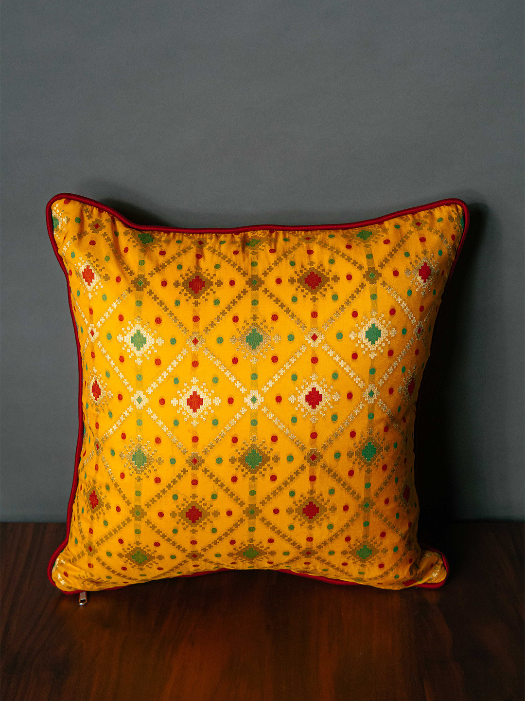 RoyalDeco Bandhani Mesmerizing Geometric Brocade 2 Pcs Zari Cushion Covers - 16 x 16 In