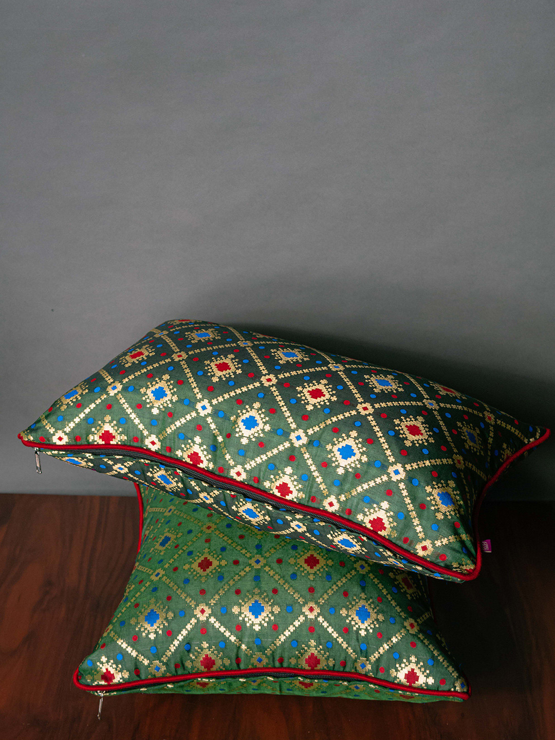 RoyalDeco Green & Red Ethnic Motifs Brocade Square Cushion Covers