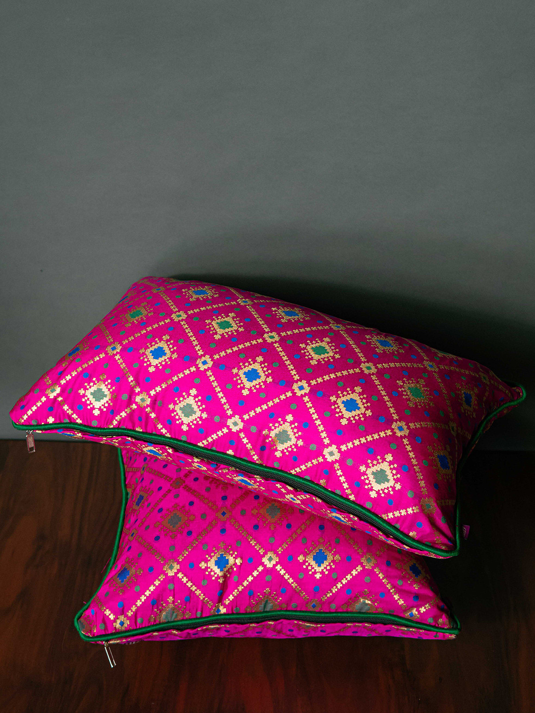 RoyalDeco Mesmerizing Ethnic Motifs Brocade 2 Pcs Zari Cushion Covers - 24 x 24 In