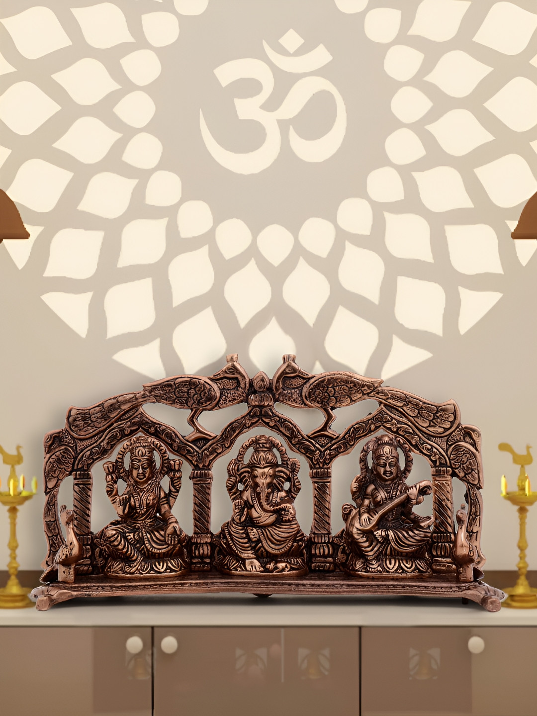 INTERNATIONAL GIFT Laxmi Ganesh Saraswati Peacock Brown Metal Metallic Prayer Room Small Showpiece - 1.8 Inches