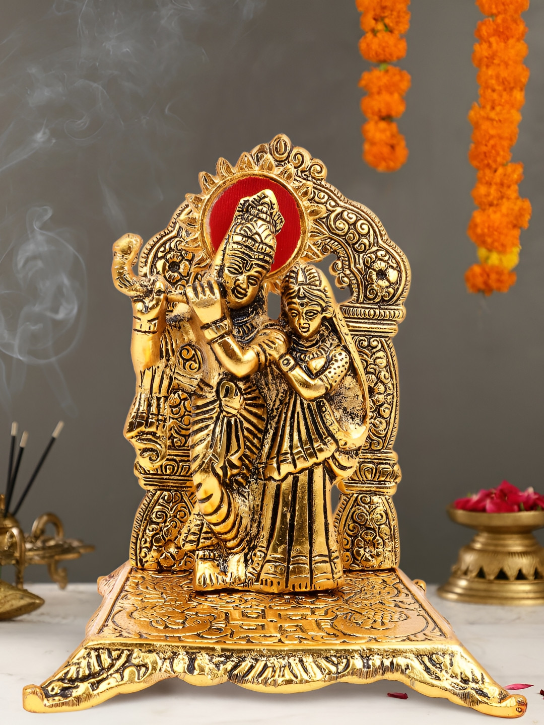 INTERNATIONAL GIFT Radha Krishna Gold Metal Metallic Prayer Room Set of 2 Small Showpieces - 6.3 Inches