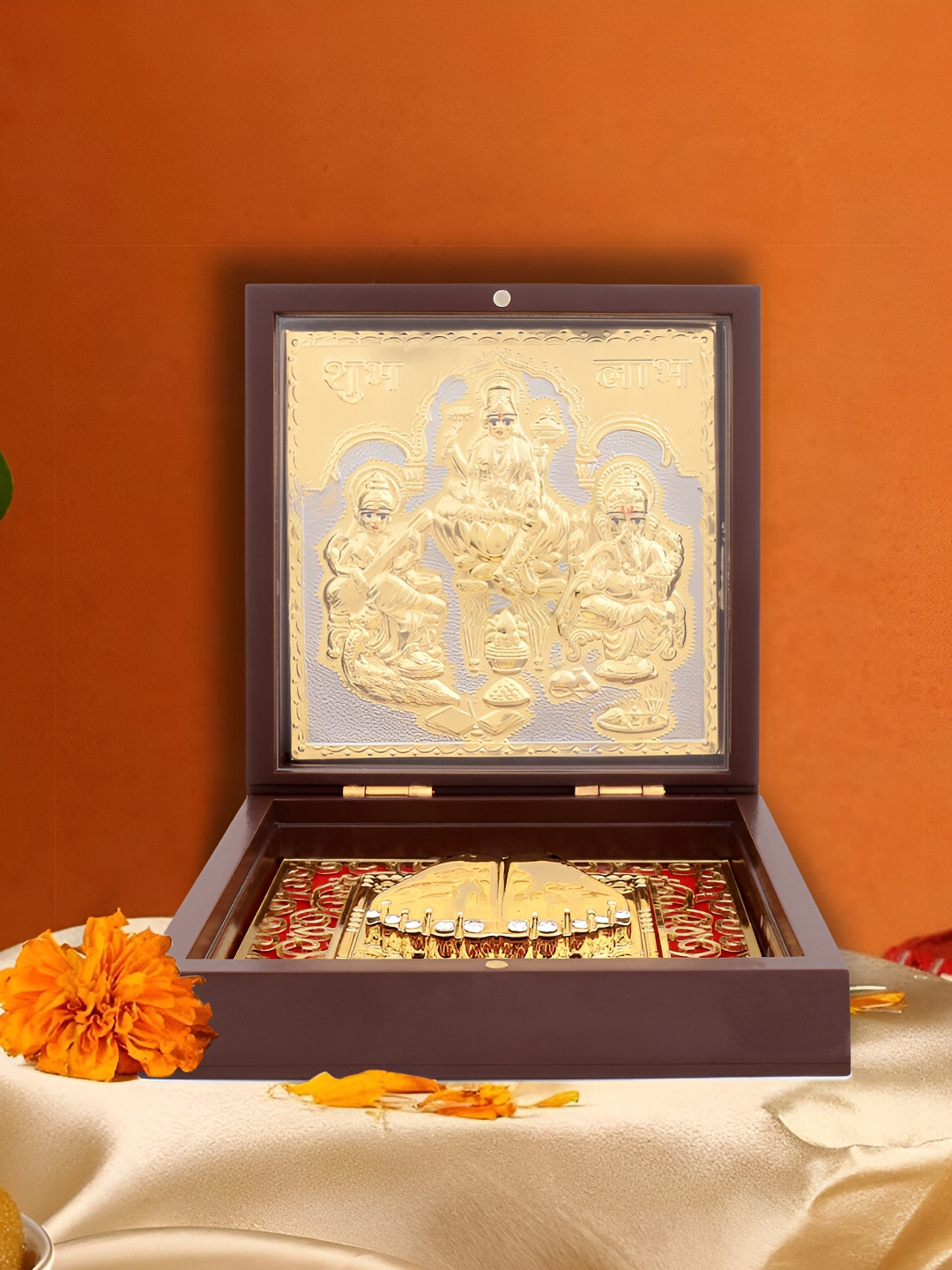 INTERNATIONAL GIFT Goldtoned and Brown Laxmi Ganesh Sarswati With Charan Paduka Gift Set