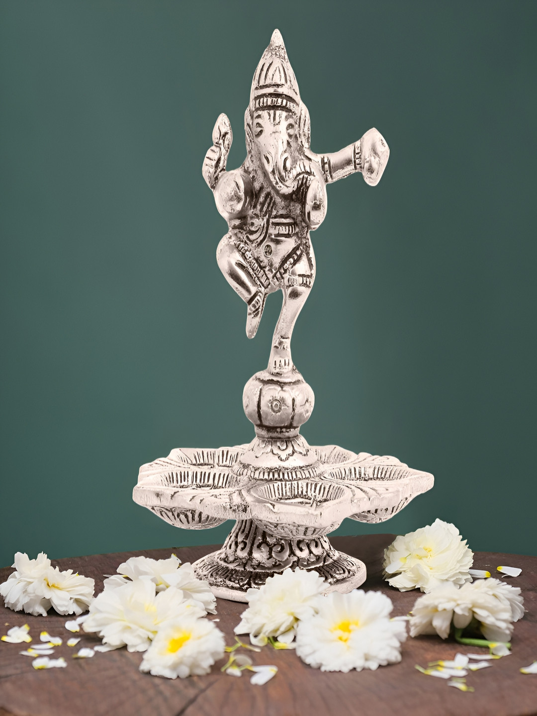 INTERNATIONAL GIFT Dancing Ganesha Silver Metal Metallic Prayer Room Small Showpiece - 5.1 Inches