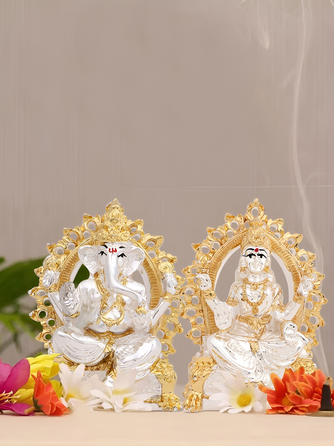 INTERNATIONAL GIFT Ganesh Laxmi Mata Silver Ceramic Glossy Prayer Room Set of 2 Small Showpieces - 3.7 Inches