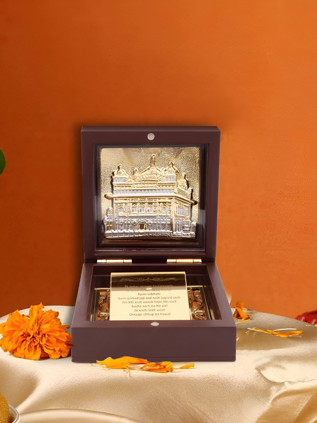 INTERNATIONAL GIFT GoldToned and Brown Temple with Charan Paduka Gift Set