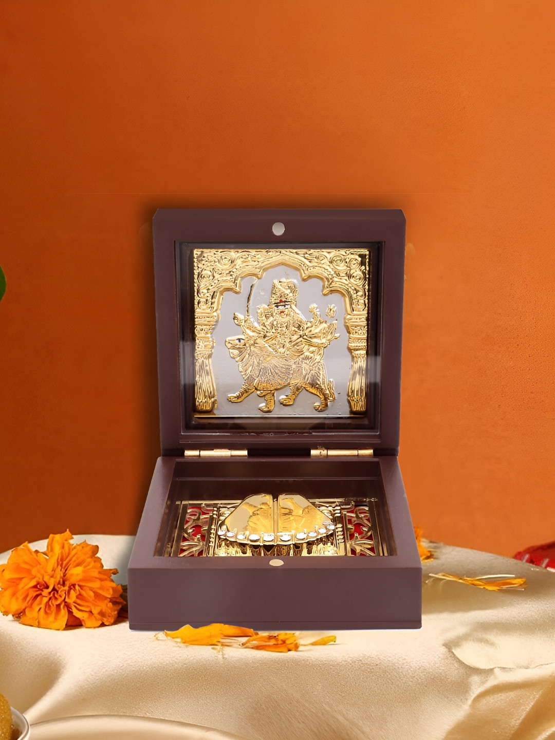 INTERNATIONAL GIFT Goldtoned and Brown Durga Mata With Charan Paduka Gift Set