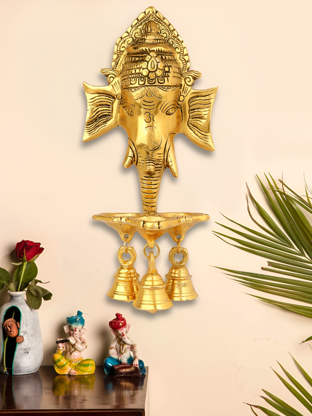INTERNATIONAL GIFT Ganesha with Three Bells Gold Metal Metallic Prayer Room Medium Showpiece - 8.5 Inches
