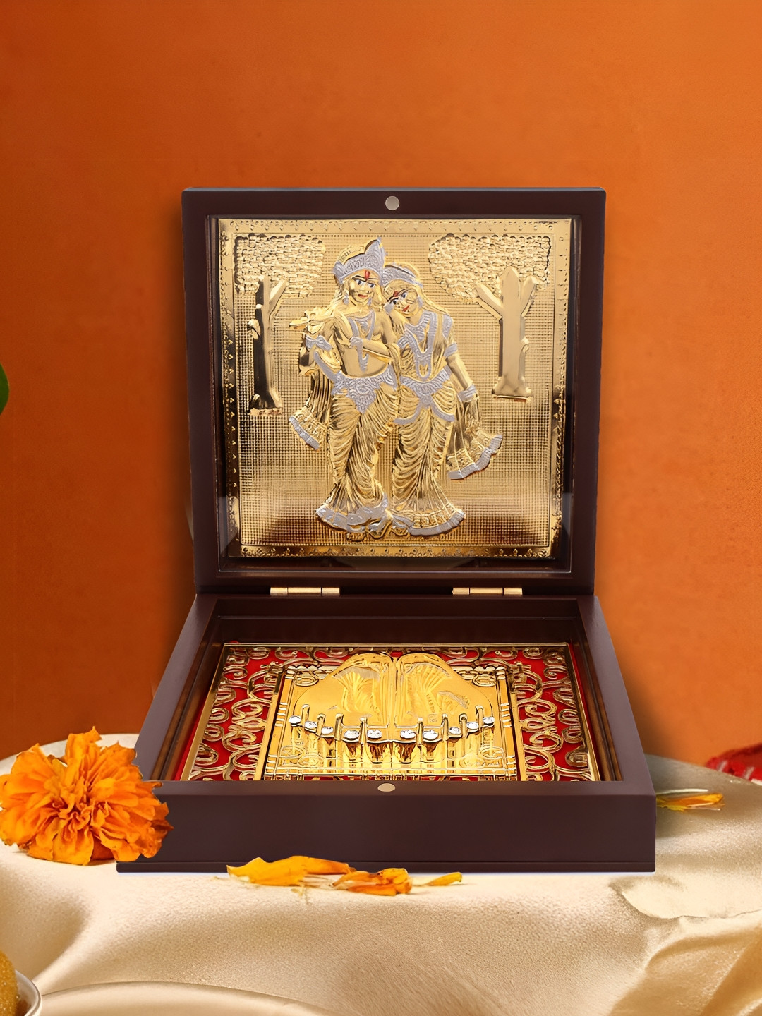 INTERNATIONAL GIFT Goldtoned and Brown Radha Krishna With Charan Paduka Gift Set