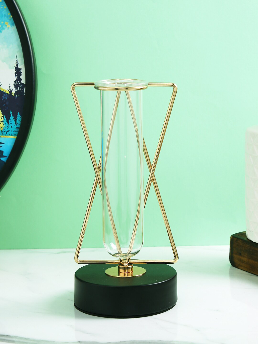 TAYHAA Gold Toned Transparent Solid Prism Metal Glass Candle Holder