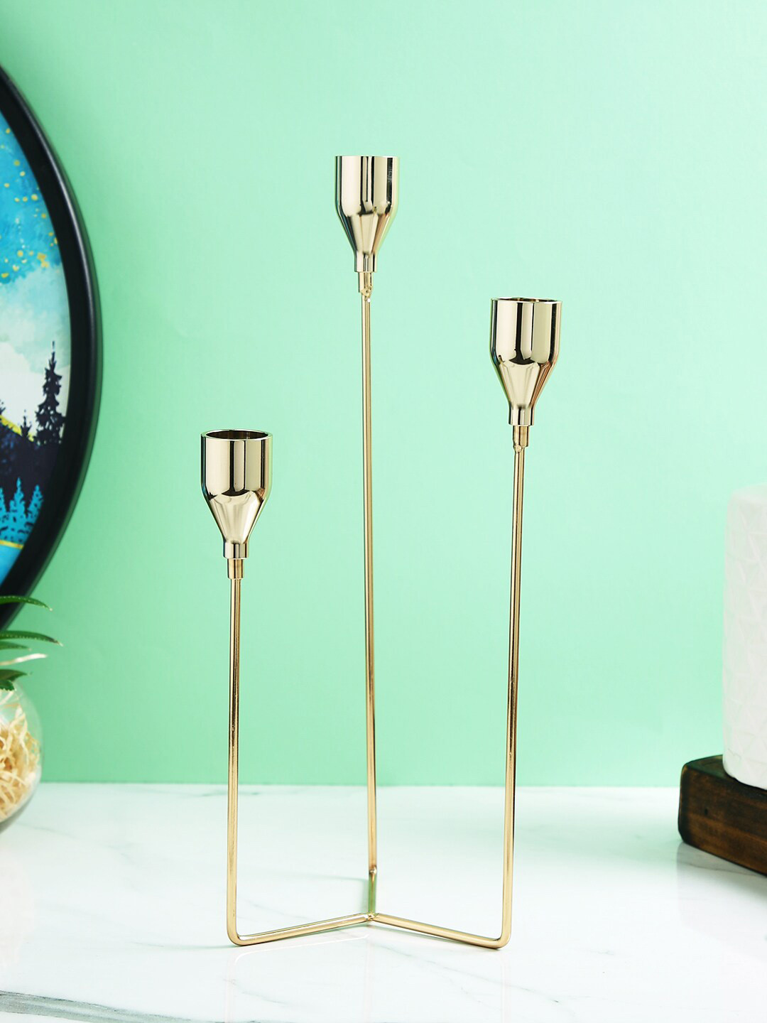 TAYHAA Gold Toned Solid 3 Arm Pillar Metal Candle Holder