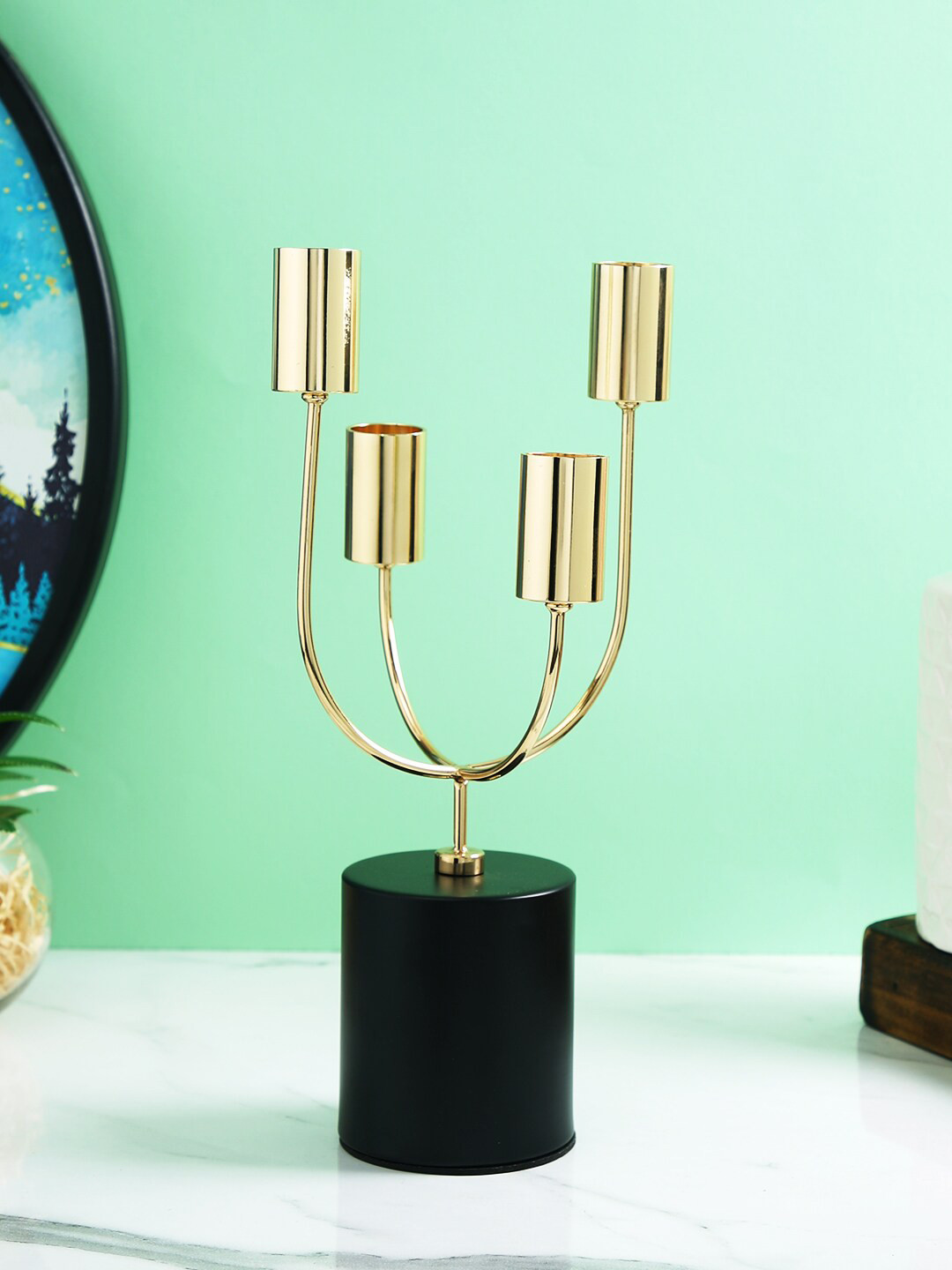 TAYHAA Celestial Gold Toned Solid 4 Arm Pillar Metal Candle Holder