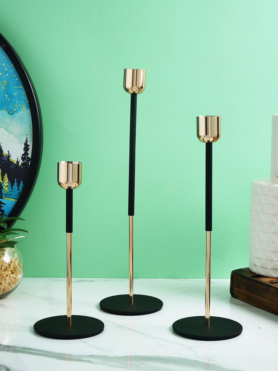 TAYHAA Gold Toned Black 3 Pieces Solid Pillar Metal Candle Holder