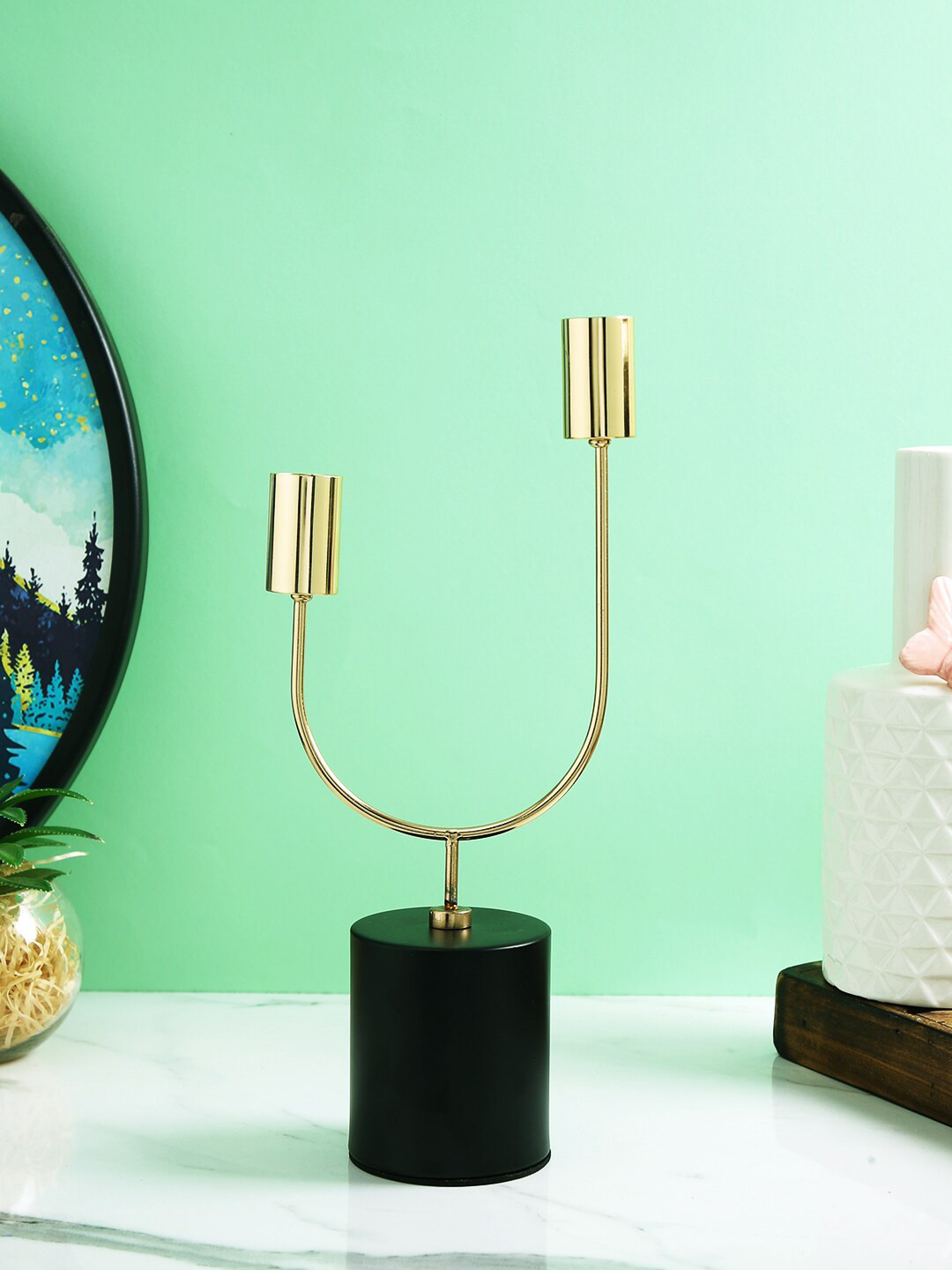 TAYHAA Celestial Gold Toned Black Solid 2 Arm Pillar Metal Candle Holder