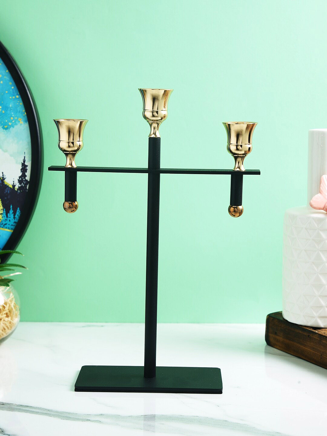 TAYHAA Gold Toned Black Trio Radiant 3 Arm Pillar Candle Holder