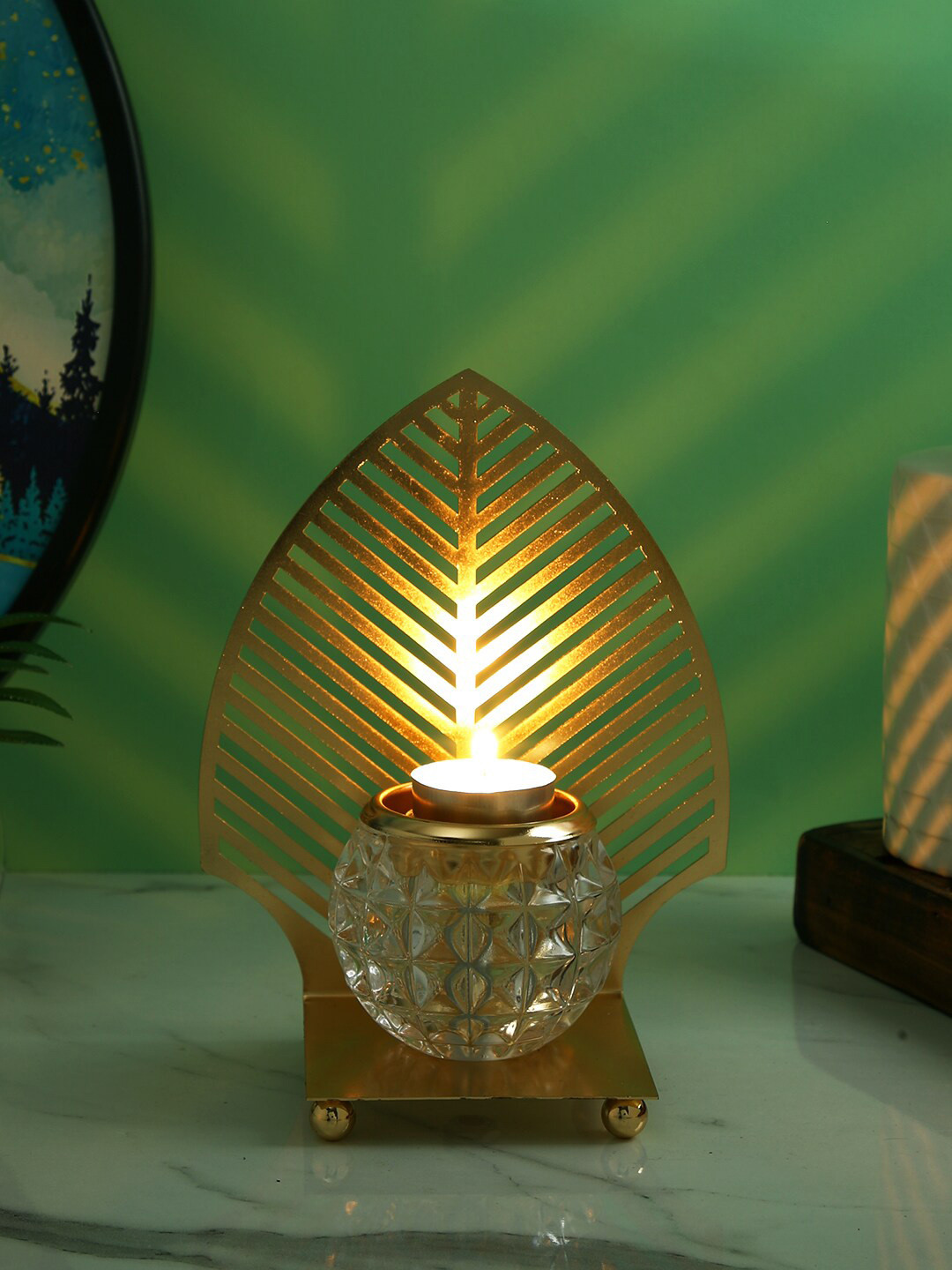 TAYHAA Gold Toned Transparent Textured Leaf Metal Glass Candle Holder
