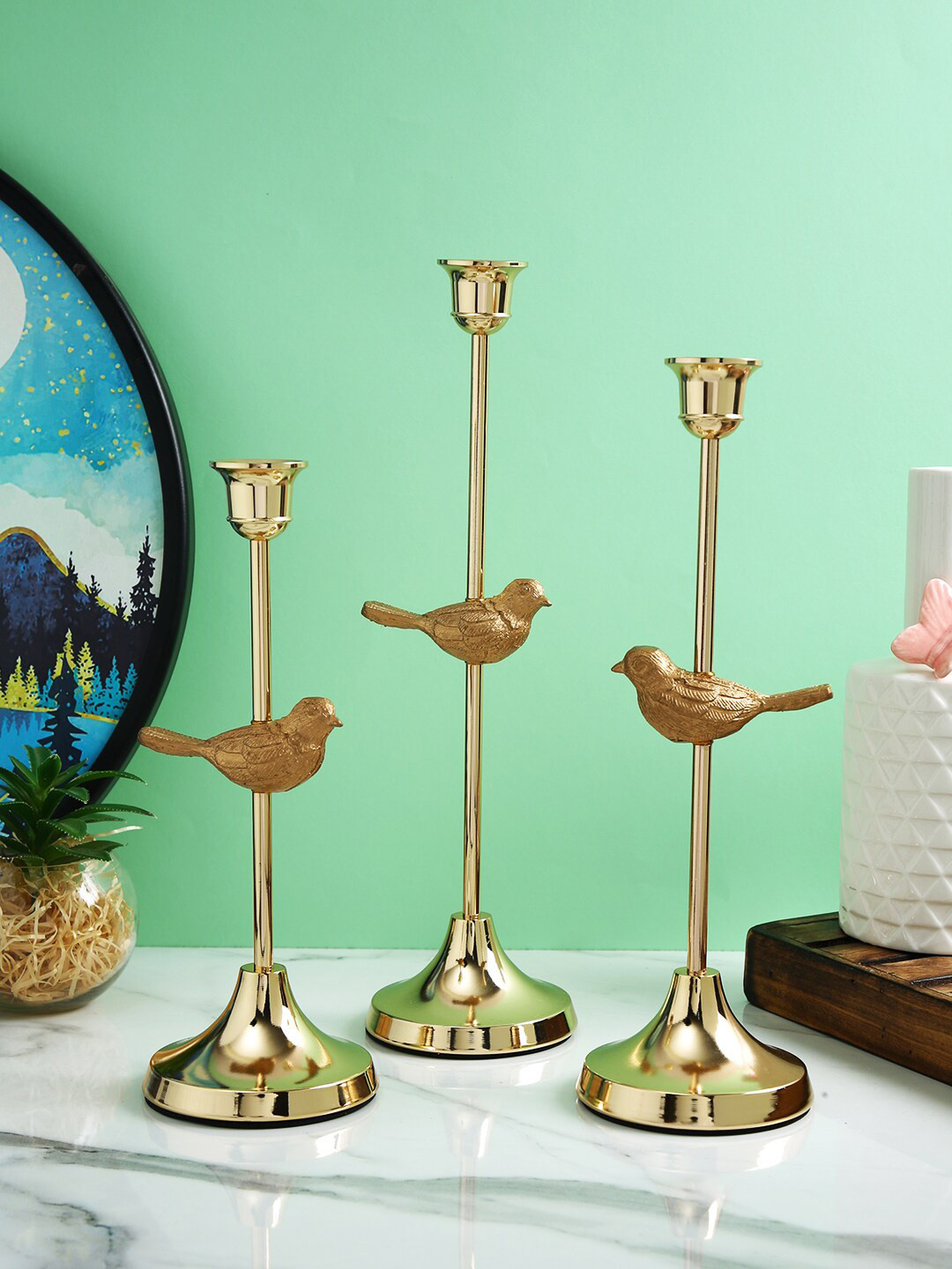 TAYHAA Gold Tonde 3 Pieces Textured Avian Elegance Metal Candle Holder