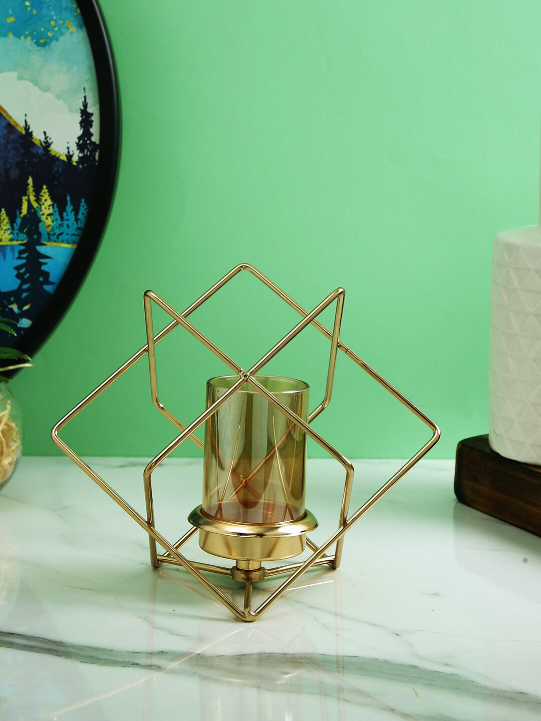TAYHAA Gold Toned Transparent Prism Pillar Metal Glass Candle Holder