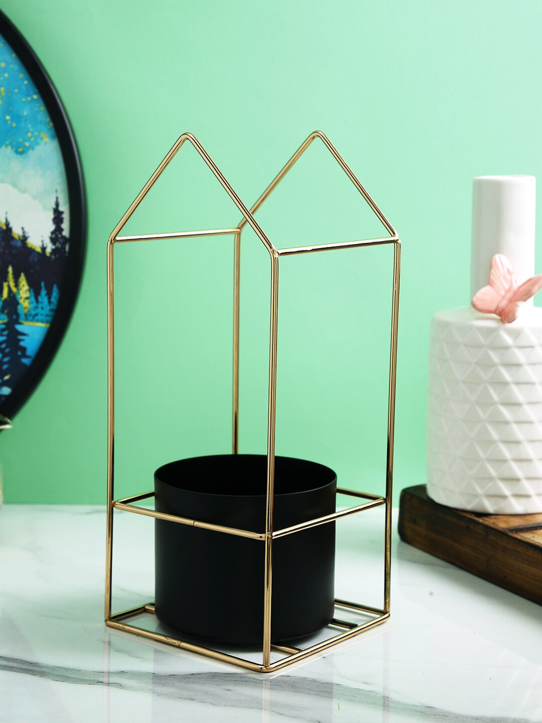 TAYHAA Gold Toned Black Solid Metal Candle Holder With Case