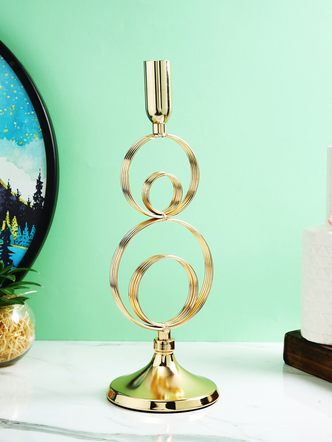 TAYHAA Elegant Gold Toned Solid Rings Metal Candle Stand